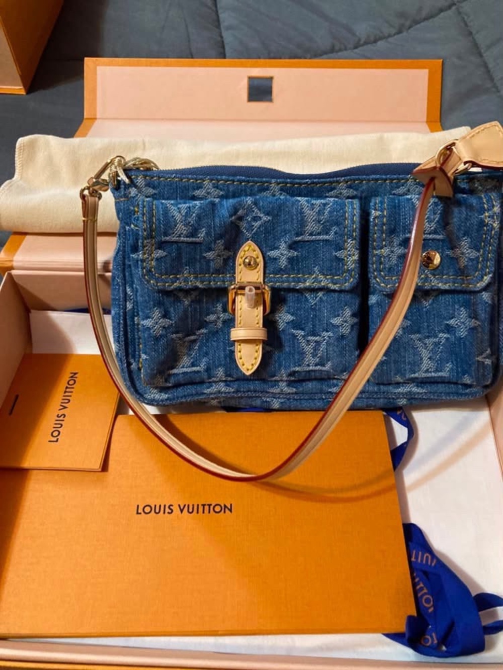 Louis Vuitton Blue Denim Cargo Pochette with Vachetta Strap